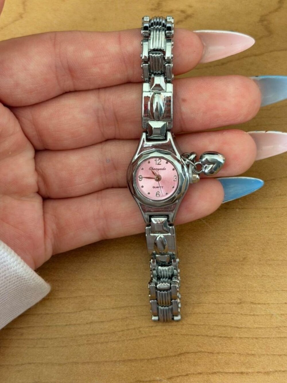 Silver-Tone Dainty Watch with Pink Dial and Heart Charm